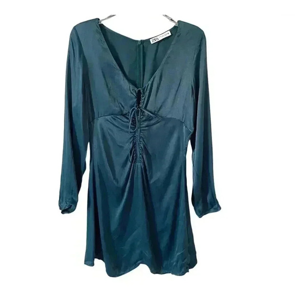 Zara Peasant Pirate Long Sleeve Tie Mini Dress Blue Size Medium - Picture 1 of 8